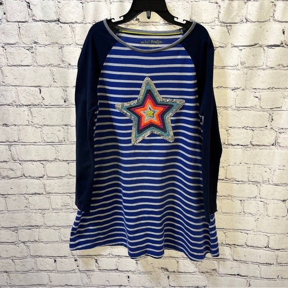 MINI BODEN Girls Dress Blue White Stripes with Sequin Star Size 7/8 - Picture 1 of 10
